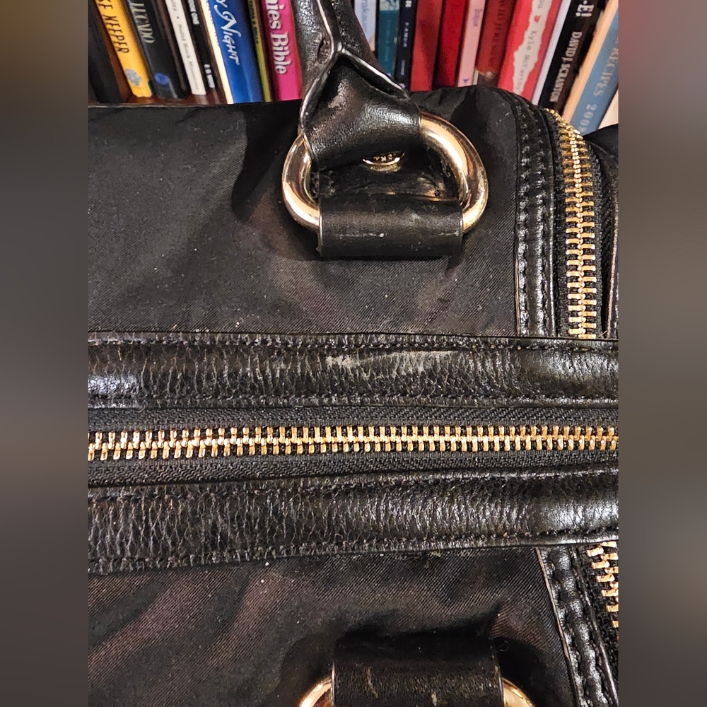 DKNY Black Nylon Leather Trim Satchel with Gold Accents - Picture 6 of 16